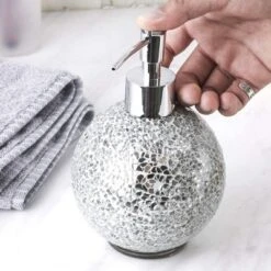 WHOLE HOUSEWARES 14 Ounce Glass Mosaic Hand Soap Dispenser For Bathroom, Set Of 2, Silver