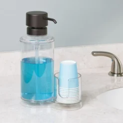MDesign Modern Plastic Mouthwash Pump Caddy And Disposable Cup Holder