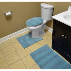 3pc Essence Nylon Washable Bathroom Rug Set Basin Blue - Garland Rug
