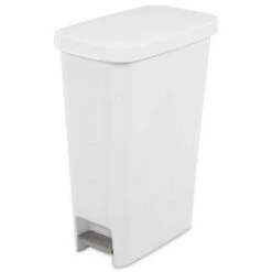 Sterilite 11 Gallon Slim Narrow StepOn Hands Free Portable Kitchen Wastebasket Trash Can Garbage Bin Container With Oversized Lid, White (4 Pack)