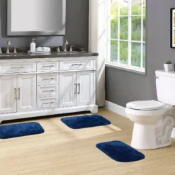 3pc Traditional Nylon Washable Bathroom Rug Set Navy - Garland Rug