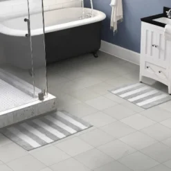2pc Striped Washable Bathroom Rug Set Platinum Gray/White - Garland Rug