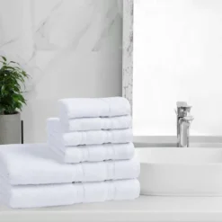Smart Dry Zero Twist 100% Cotton Medium Weight Solid Border 6 Piece Assorted Bathroom Towel Set By Blue Nile Mills
