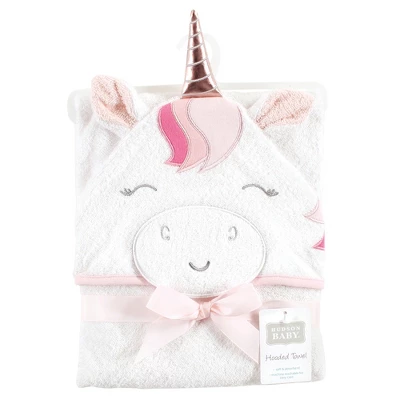 Hudson Baby Infant Girl Cotton Animal Face Hooded Towel, Rose Unicorn, One Size 1 Hudson Baby Infant Girl Cotton Animal Face Hooded Towel, Rose Unicorn, One Size