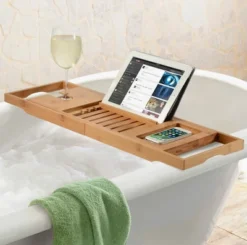 Bambusi Bathtub Caddy With Extendable Sides, Wine Glass Holder, Book Stand And Phone Tray, Natural