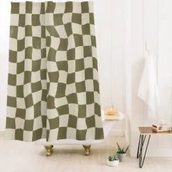 Warped Checkerboard Shower Curtain Olive - Deny Designs