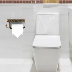 Unique Bargains Wall Mounted With Phone Shelf Waterproof Fixed Toilet Paper Holders Copper Tone 1 Pc
