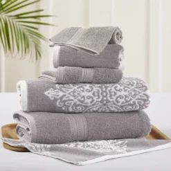 Modern Threads 6 Piece Reversible Yarn Dyed Jacquard Towel Set, Artesia Damask. -Shower Room Store GUEST b5346a04 1379 49b2 b208 9d7d526995f1