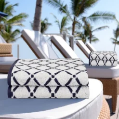 Plush And Absorbent Cotton Oversized 2-Piece Geometric Diamond 34" X 68" Bath Sheet Set - Blue Nile Mills