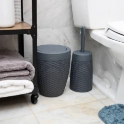 Round Premium Wicker Look Wastepaper Basket And Toilet Brush Set Gray - Mind Reader